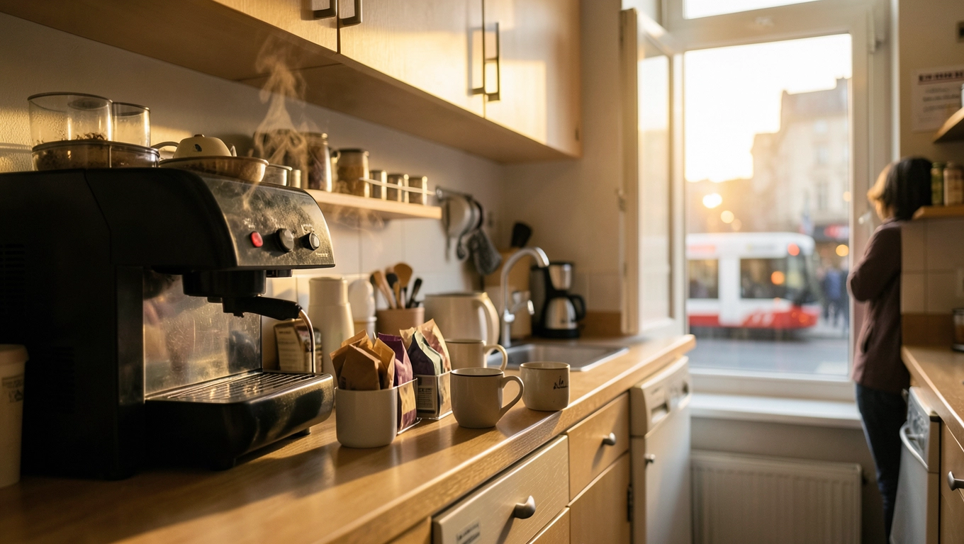 Kuchnia z kawą w hostelu Warszawa dla gości solo