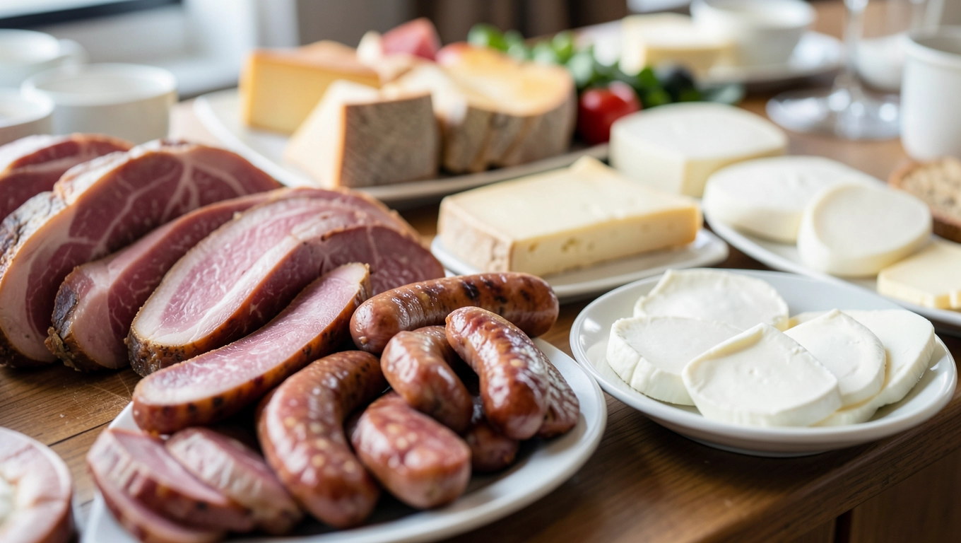 Menu bufetu śniadaniowego wędliny sery