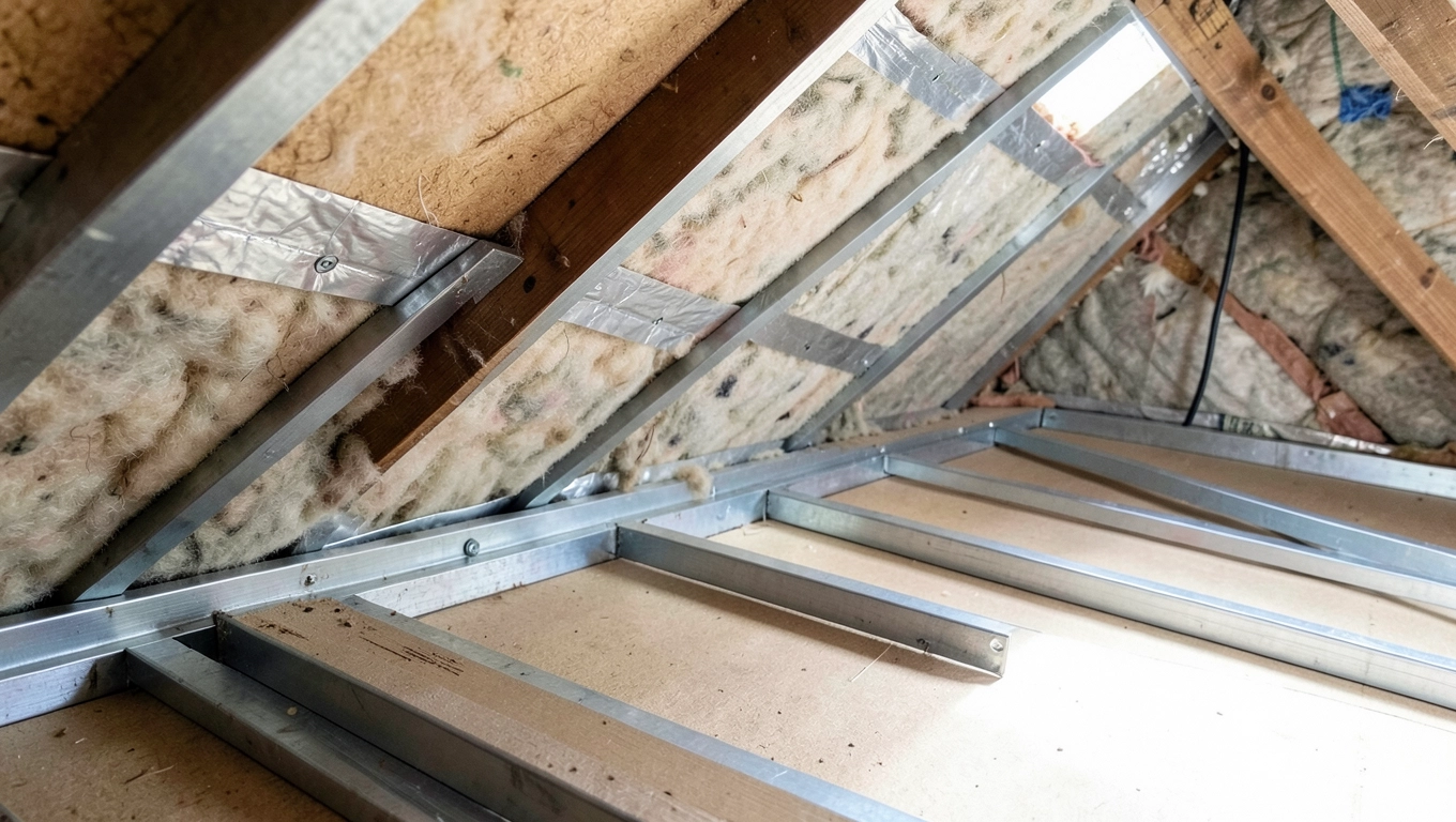 Ocieplenie poddasza wełną folia płytą GK na stelaż