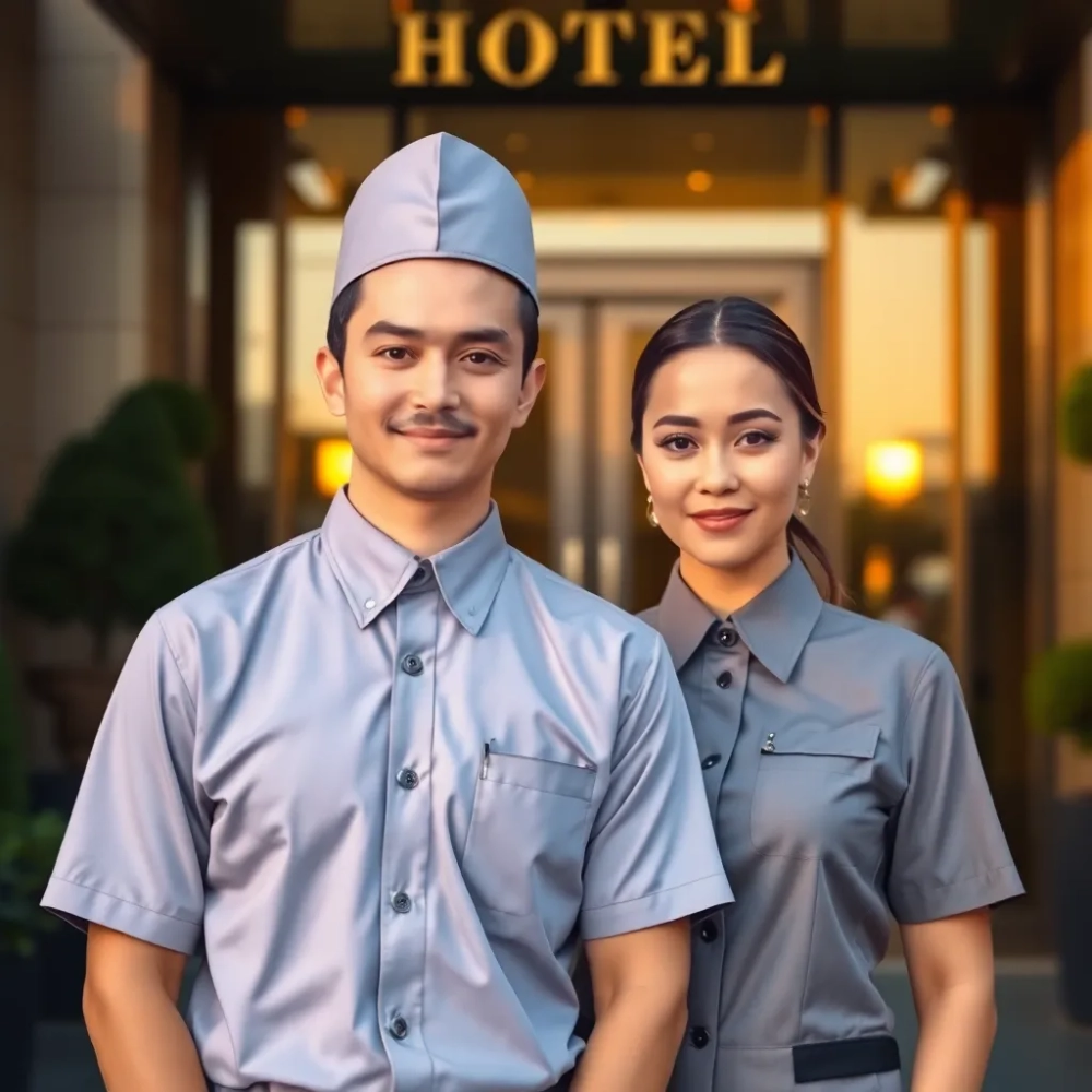 Pracownik hotelu który stoi przed hotelem