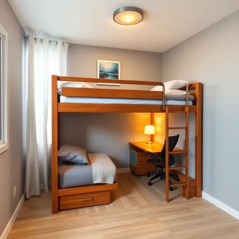 Pokój z łóżkiem piętrowym i biurkiem