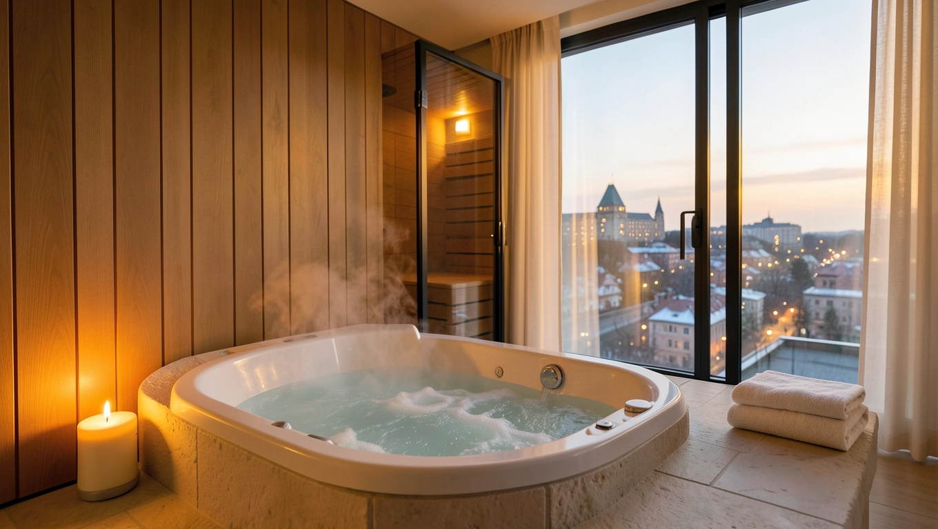 apartament z sauną i jacuzzi w pokoju