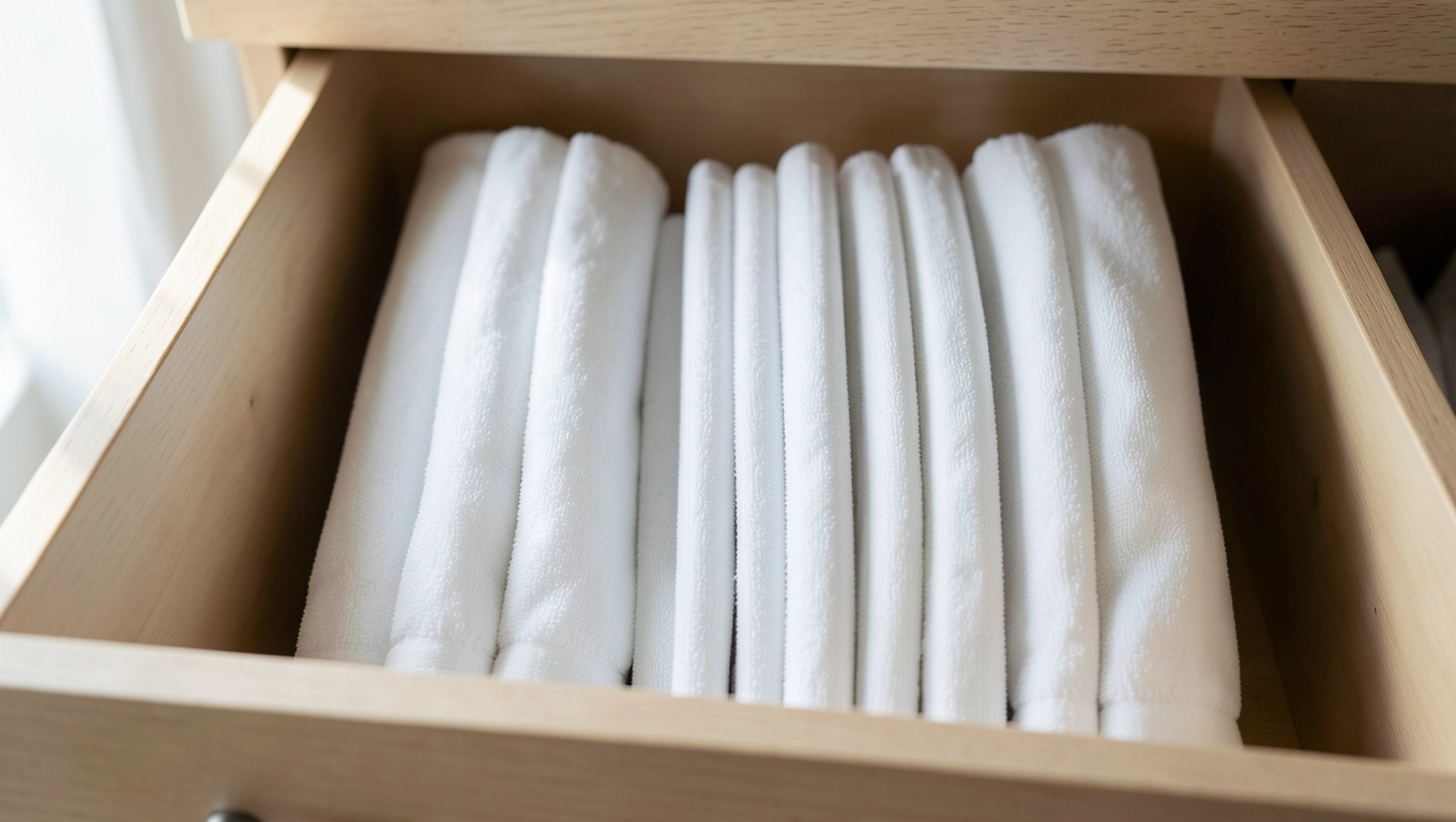 Metoda KonMari ręczniki stojące pionowo w szufladzie