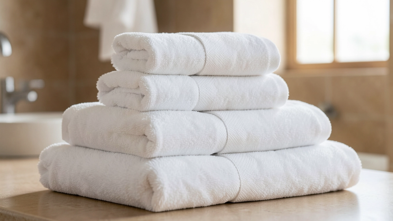 Tabela rozmiarów ręczników hotelowych i pełne wyposażenie łazienki